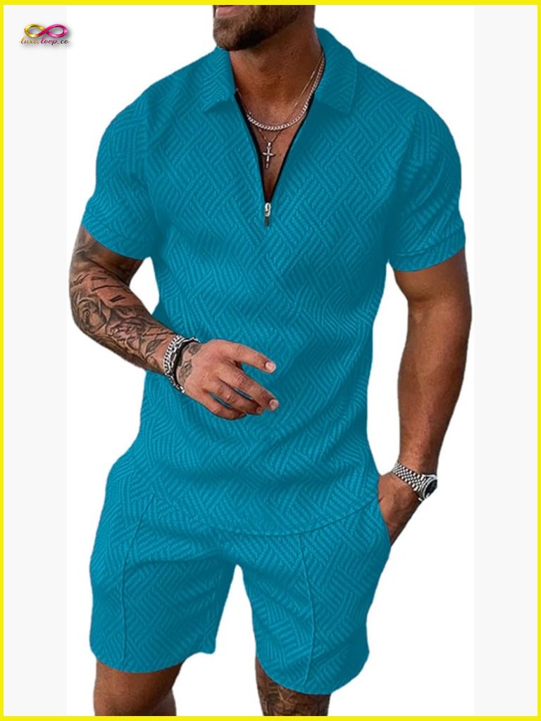 Mens 2 Piece Zip Tracksuit Polo Shirt & Shorts Set Summer Outfit Active